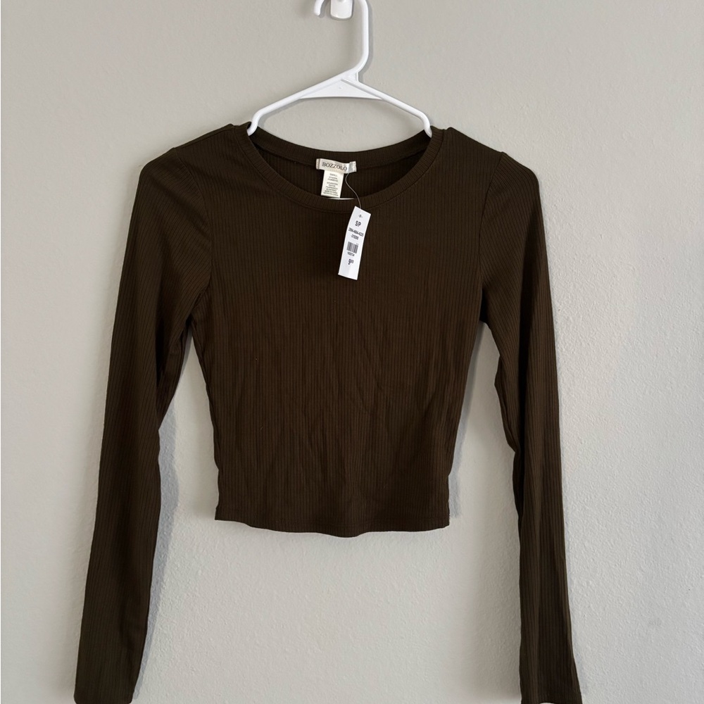 Bozzolo Brown Cropped Fitted Long Sleeve Tee